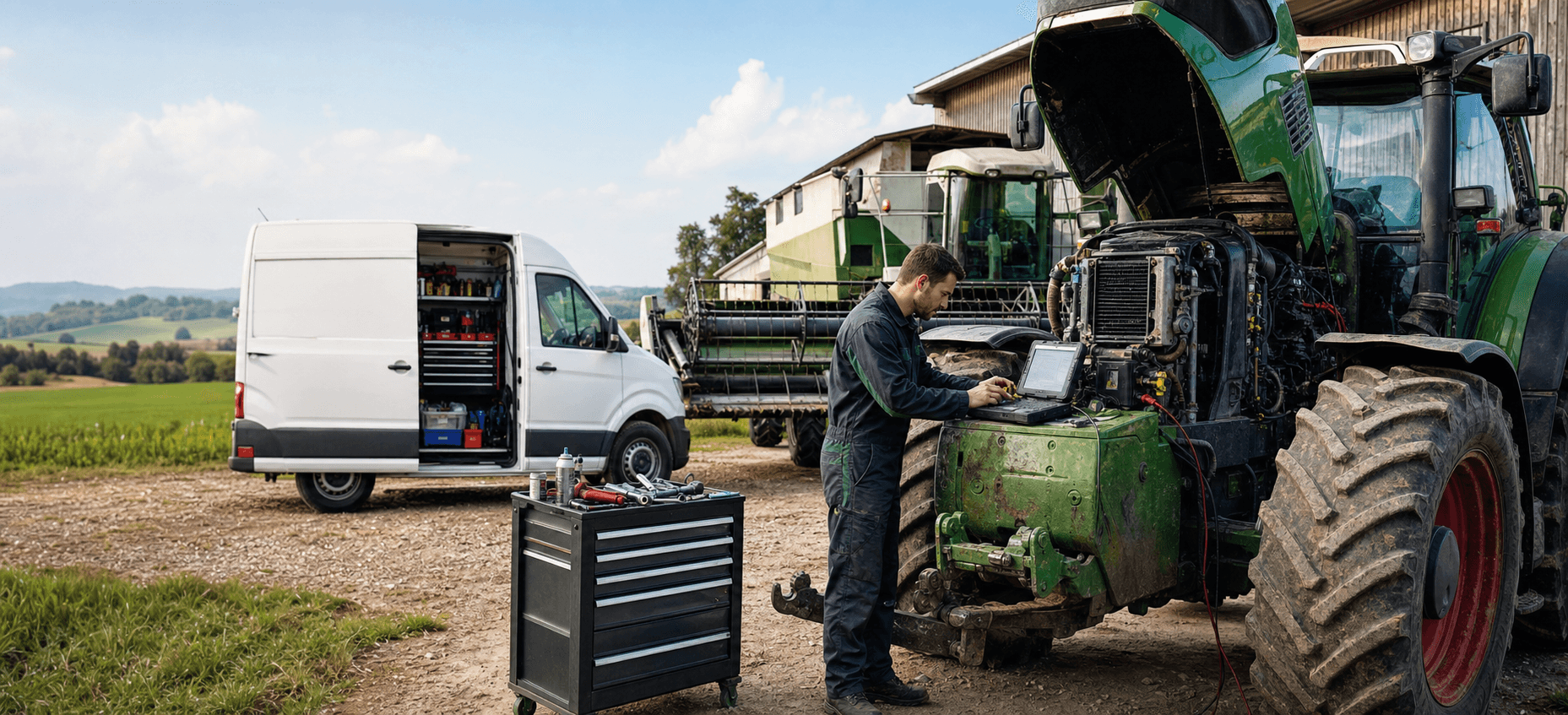 Mobilny mechanik diagnozujący traktor na gospodarstwie